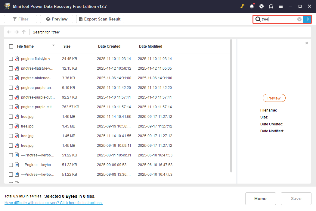 The Type interface in MiniTool Power Data Recovery showing the files selected from the Picture file type.