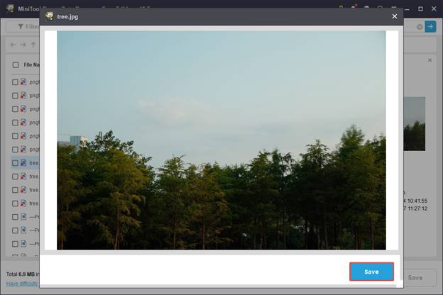 The preview interface of MiniTool Power Data Recovery with the Save button selected to save the previewed file.