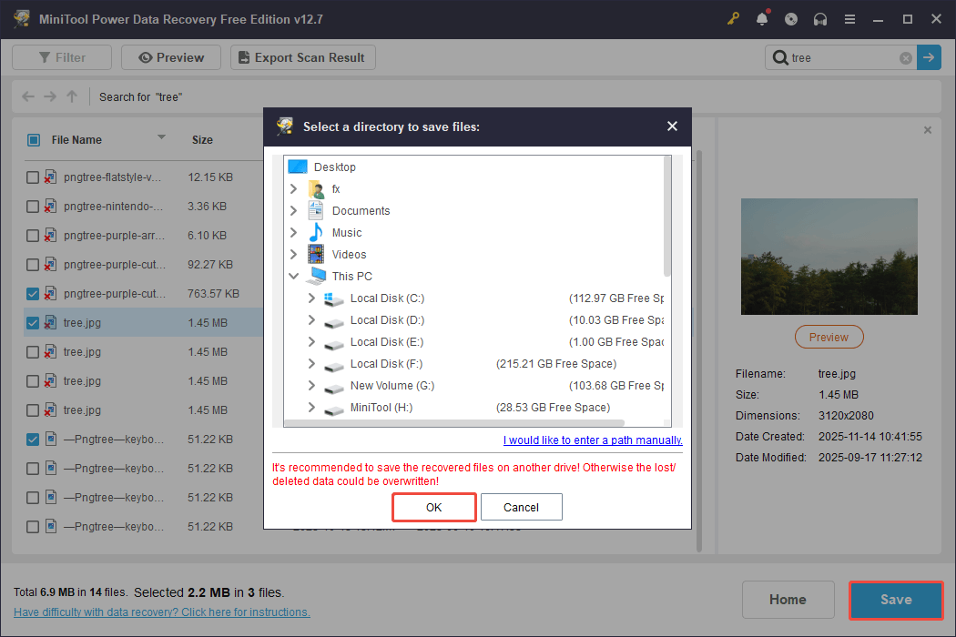 The save interface of MiniTool Power Data Recovery showing the different directories to save recovered files.