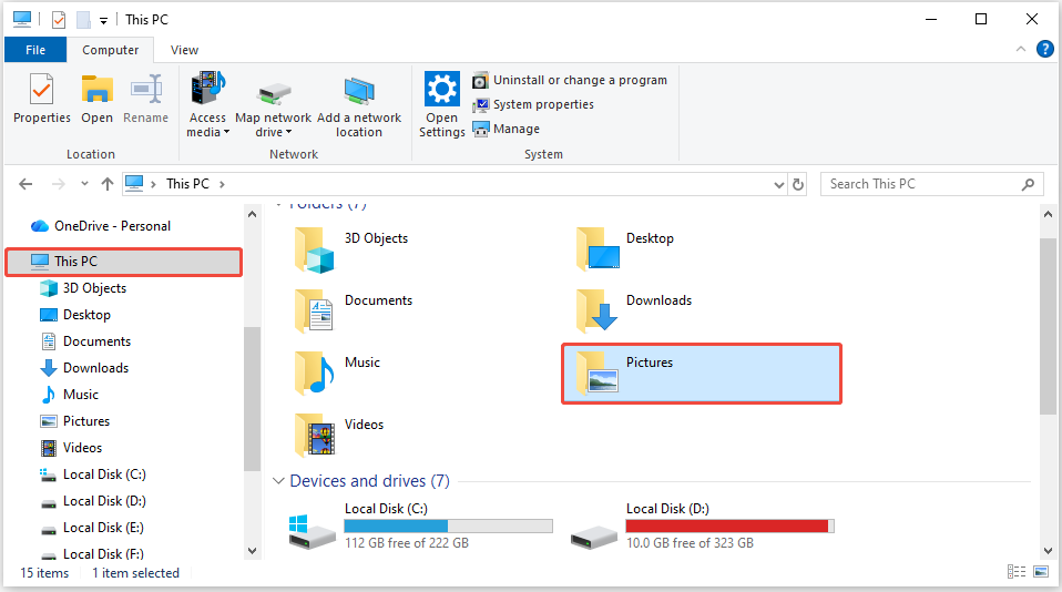 File Explorer view of This PC with the Pictures folder selected in the right panel.