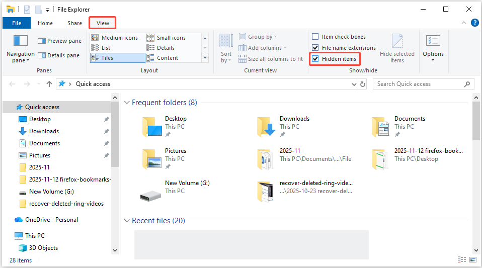 File Explorer interface with the View tab open, with the Hidden items box checked in the top Ribbon.