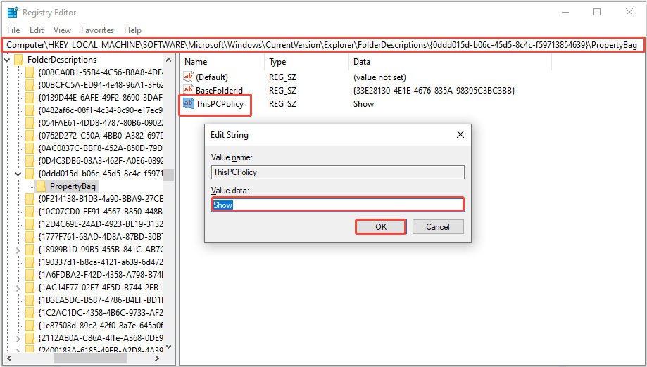 The ThisPCPolicy Edit String interface showing the value data is set to Show.