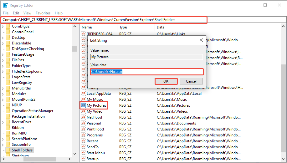 My Pictures Edit String interface with the Value data field displaying the storage location of the folder.
