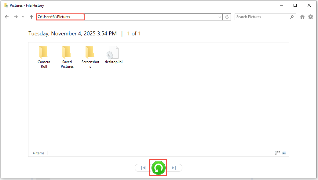 File History interface displaying backup files and folders from the Pictures folder, with the green Restore button selected.