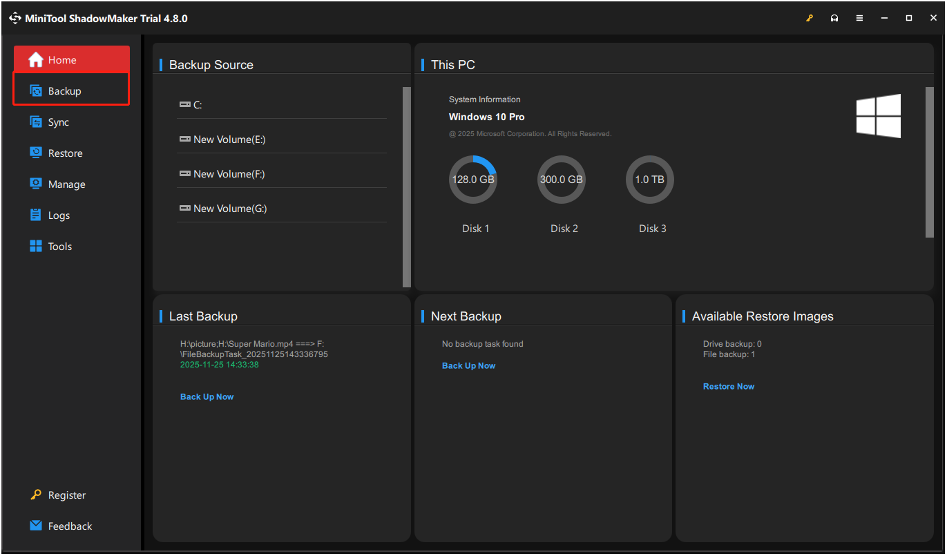 The interface of MiniTool ShadowMaker with selected Backup.