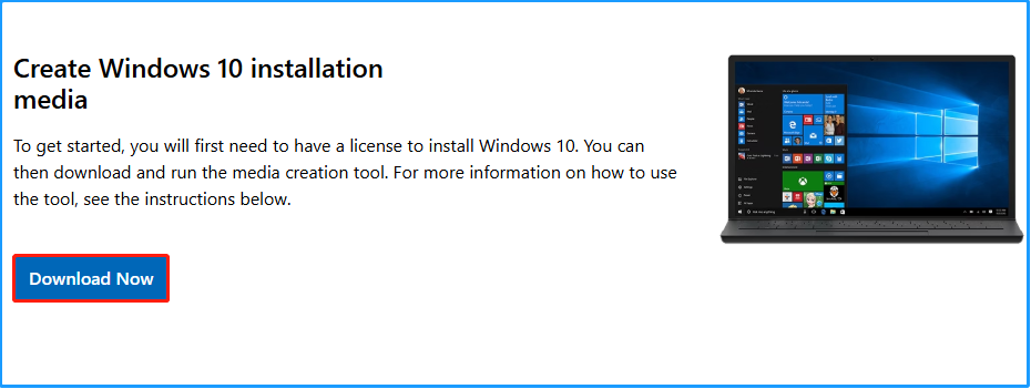 The Create Windows 10 installation media section of the Download Windows 10 website with selected Download Now.