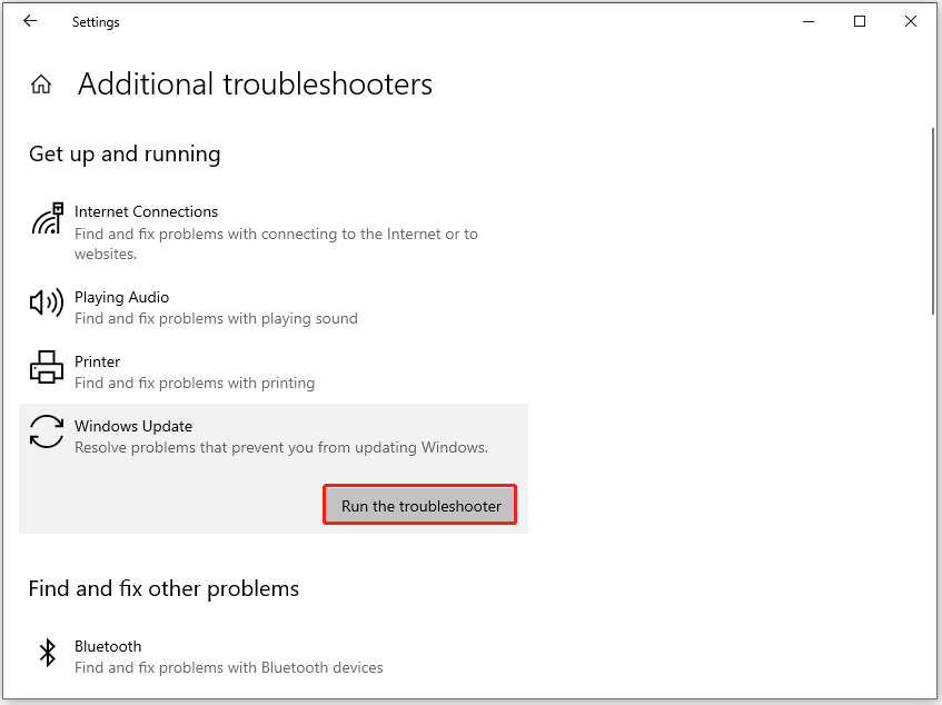 The Additional troubleshooters page with selected Run the troubleshooter.