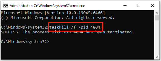 The elevated Command Prompt window with PID command.