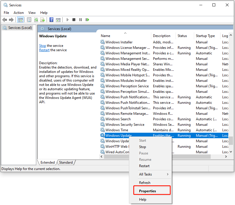 The interface of Services with selected Properties.