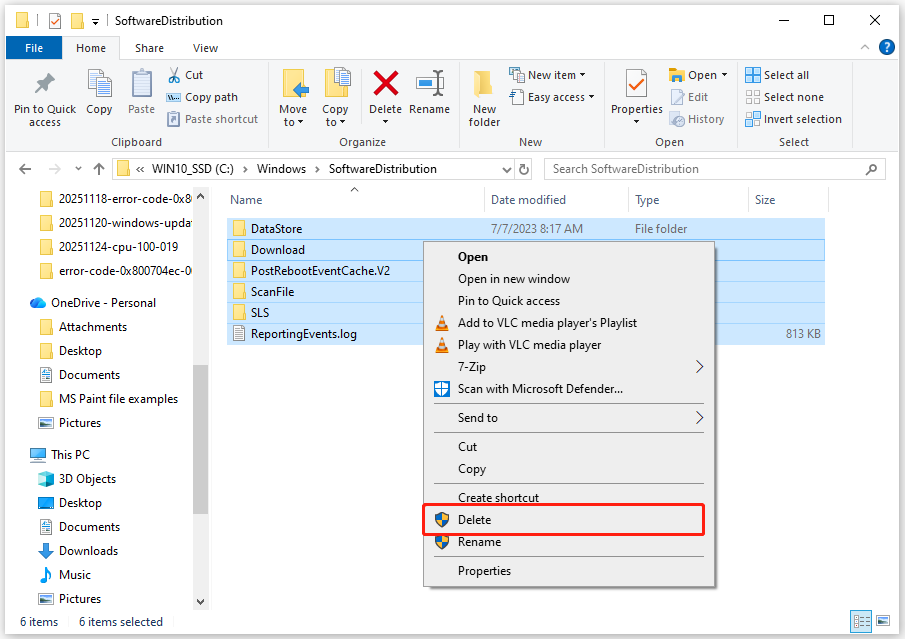 The SoftwareDistribution folder in File Explorer with select Delete.