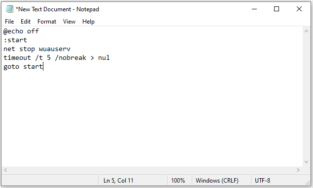 Notepad with code that can stop the Windows Update service.