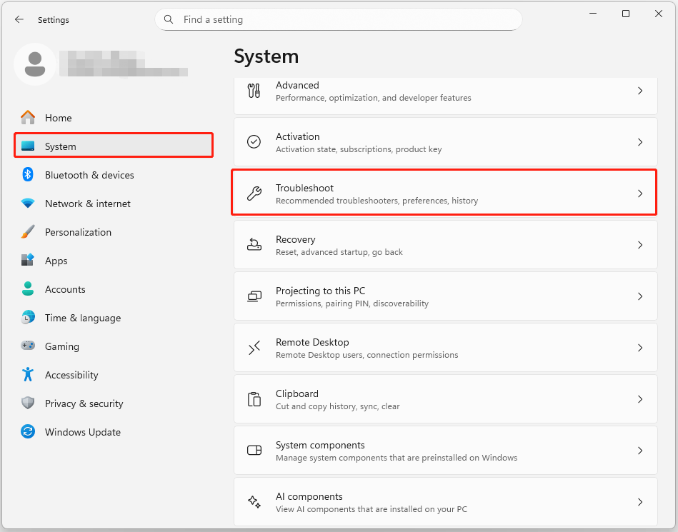The Interface of Settings with selected System and Troubleshoot.