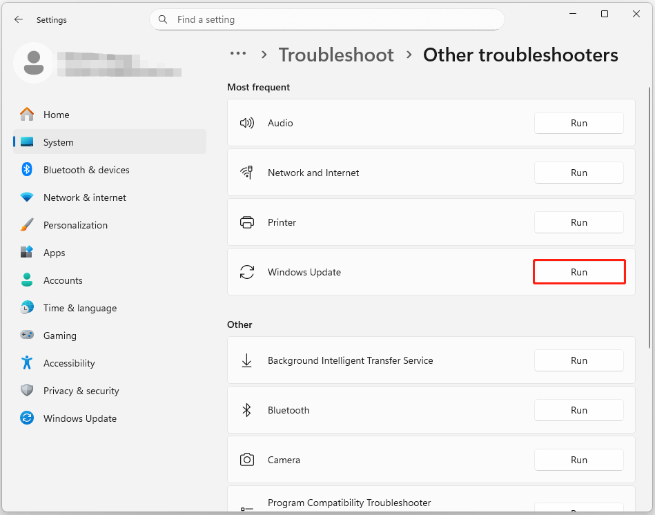 The interface of Settings with selected Run next to Windows Update.