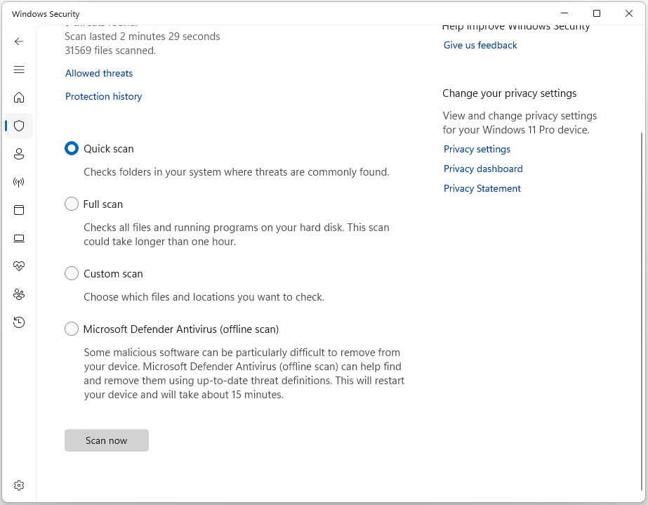 The Scan options page of Windows Security.