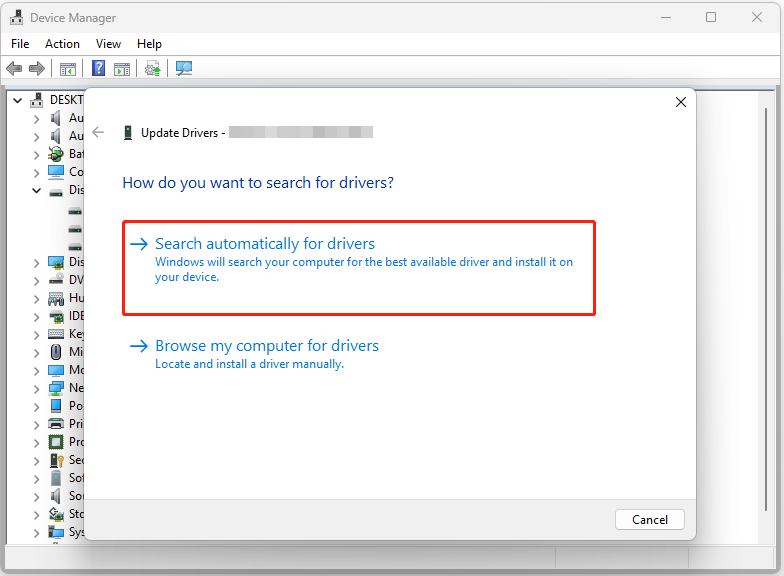 The interface of Update driver window with selected Search automatically for drivers.