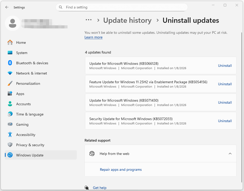 The Uninstall updates page of Settings.