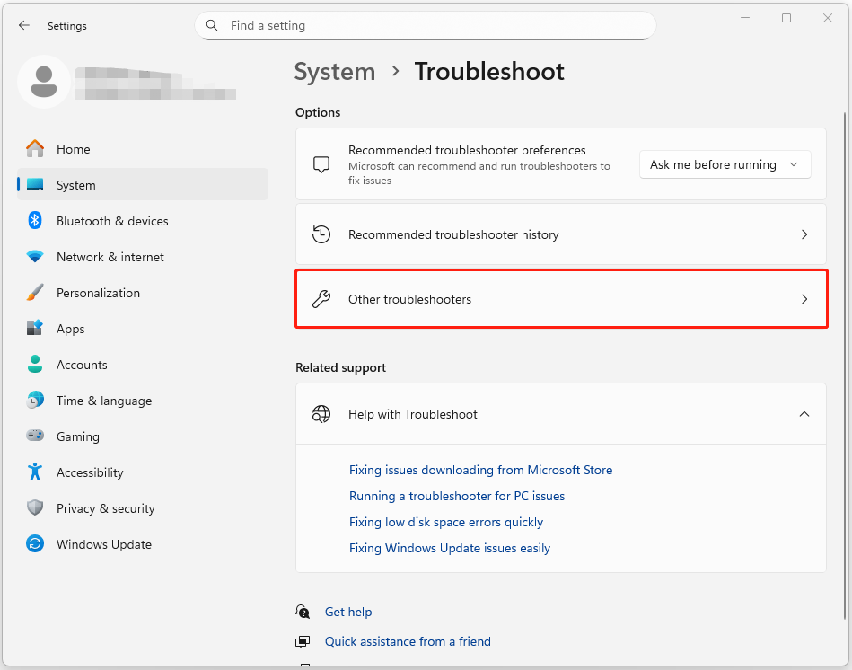 The Troubleshoot page in Settings with selected Other troubleshooters.