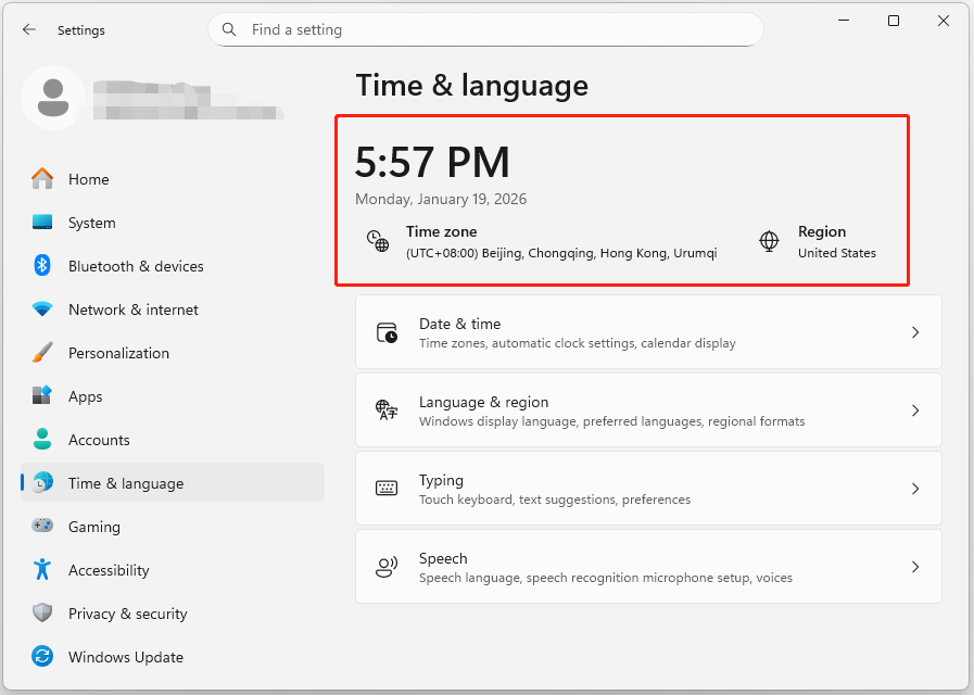 The Time and language page in Settings with selected time, Time zone, and Region.