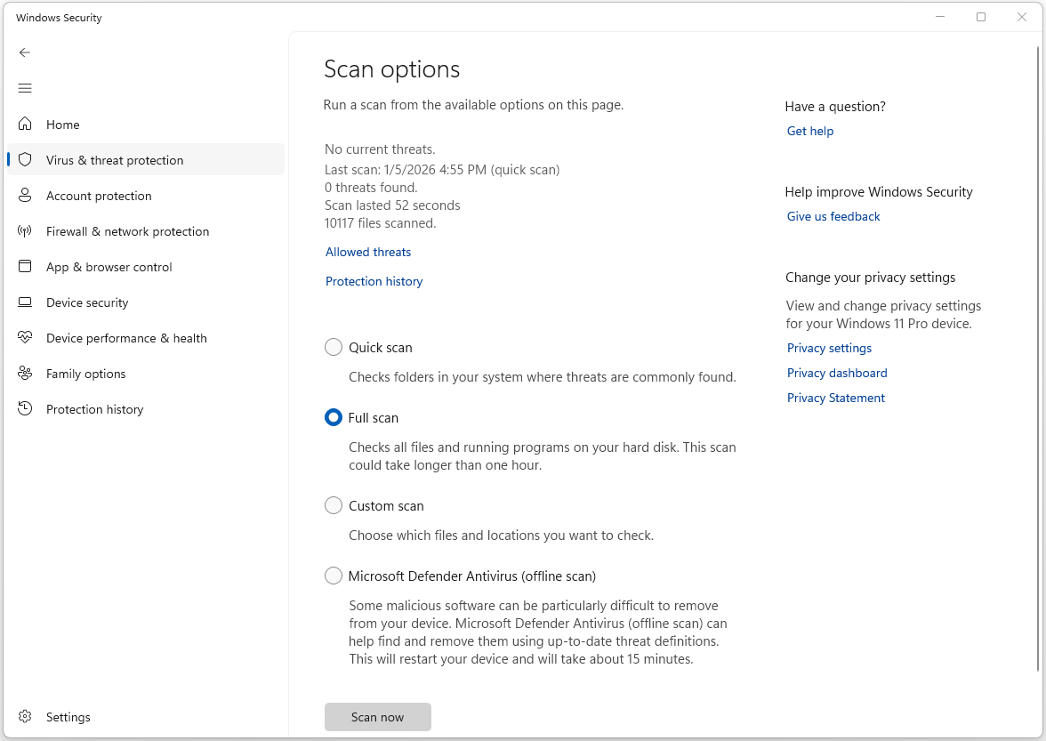 The Scan options page in Windows Security with four different scan options.