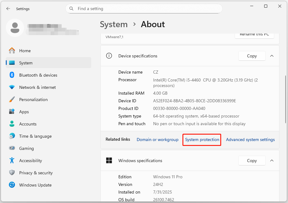 The About page of Settings with selected System protection.