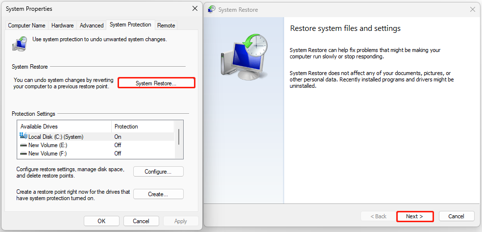 The interface of System Properties and System Restore with selected System Restore and Next.