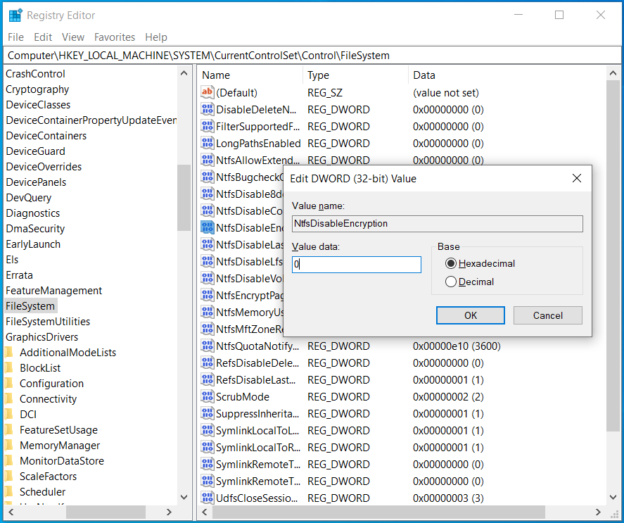 Establecer NtfsDisableEncryption en 0
