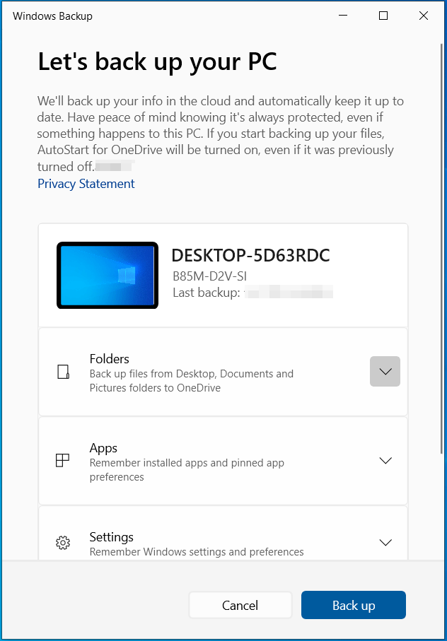 The Windows Backup interface for backing up folders and settings to OneDrive.