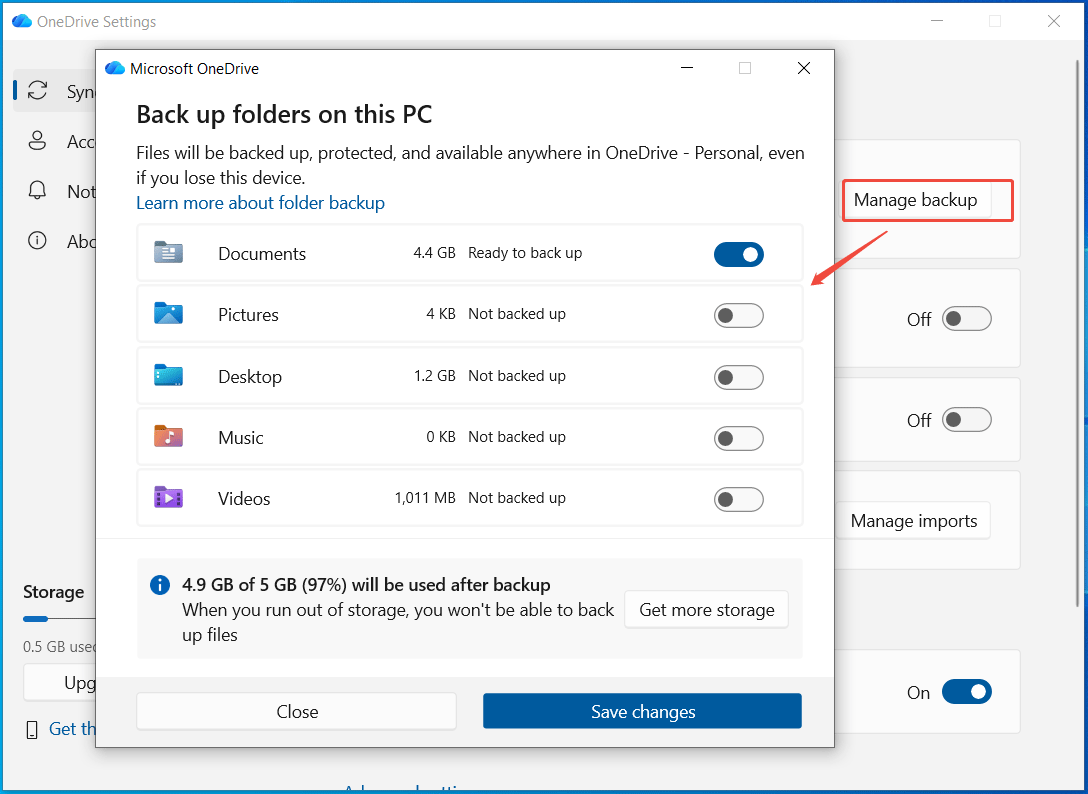The Microsoft OneDrive window with the selected Manage backup option to choose what to back up.