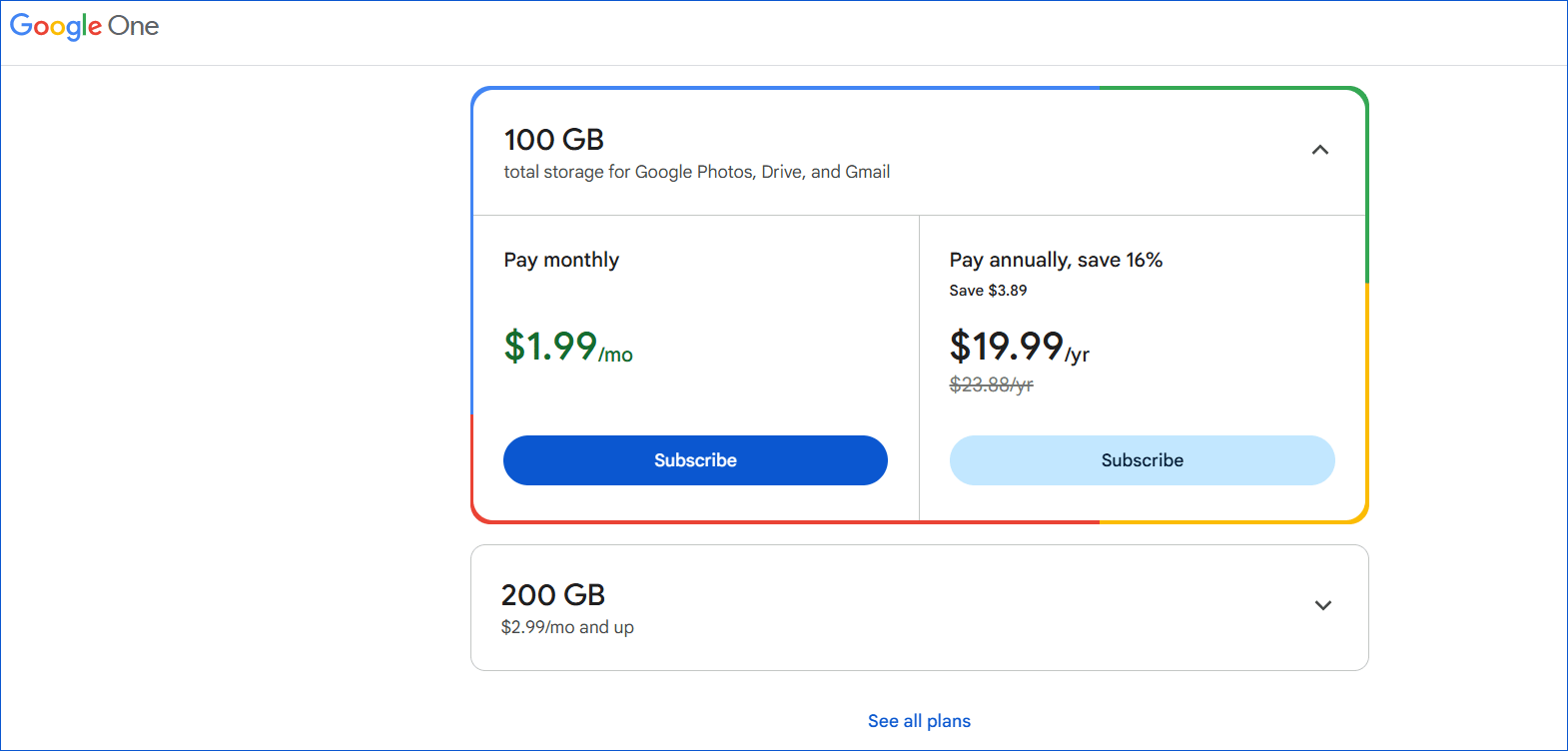 The screenshot of Google One subscription plans for more storage.