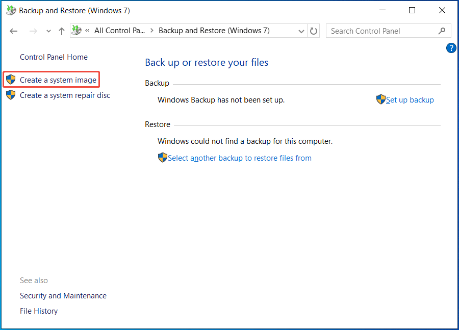 The Backup and Restore interface with Create a system image selected for system backup.