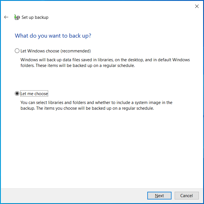The Set up backup interface in Backup and Restore with the selected Let me choose option.