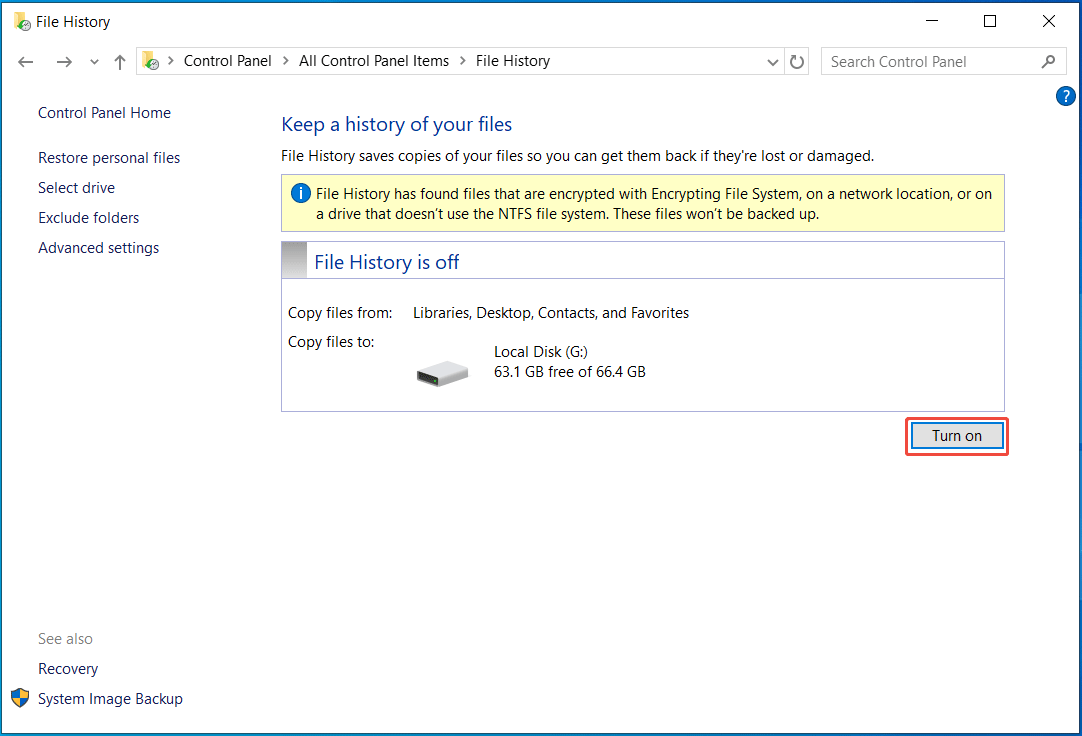 The File History window with Turn on selected for automatic file backups.