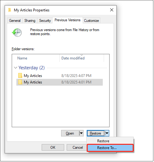 restaurar los archivos a otra ubicación desde las propiedades de la carpeta