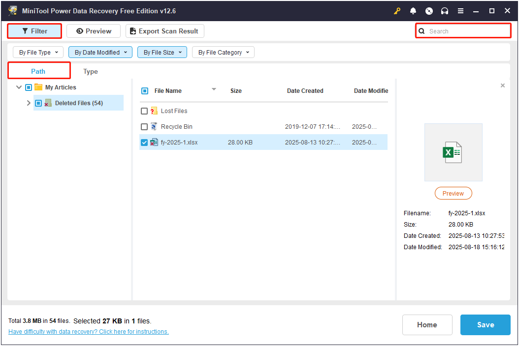 Funciones de ruta, filtro y búsqueda en MiniTool Power Data Recovery