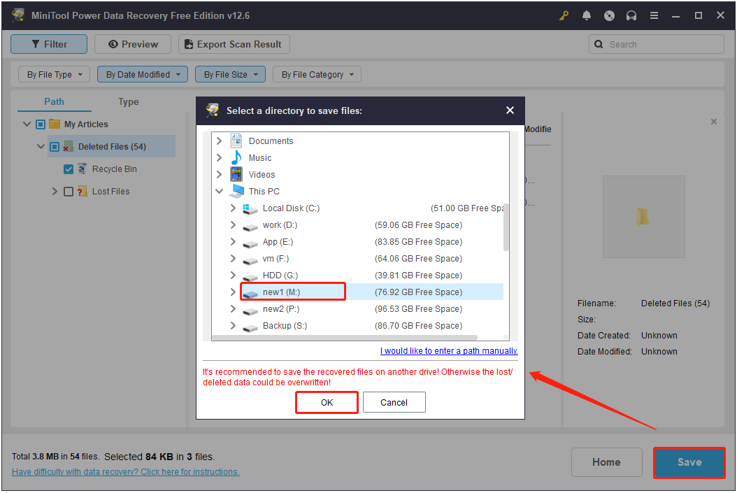 Guardar los archivos marcados en una ubicación en MiniTool Power Data Recovery