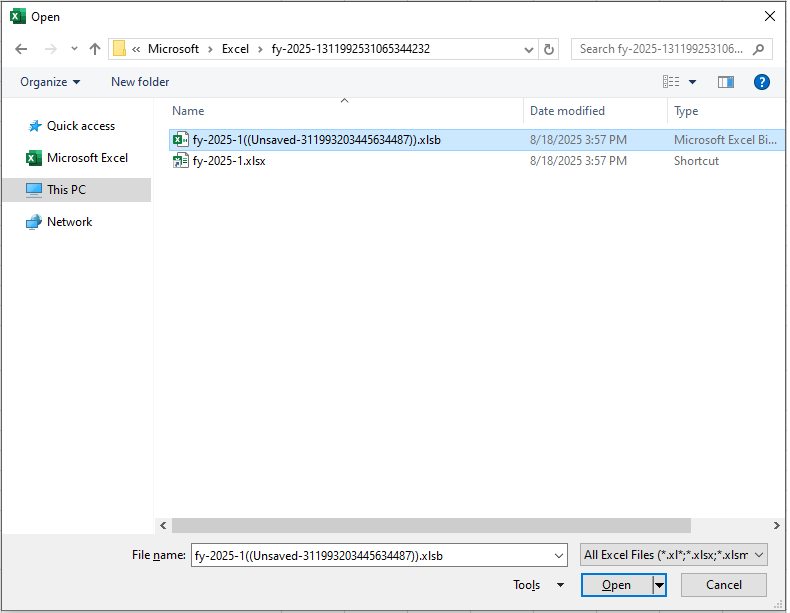 Os ficheiros Excel não guardados