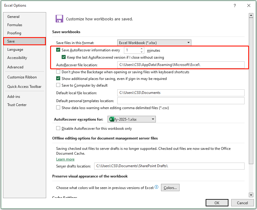 Alterar o intervalo de Recuperação Automática na janela Opções do Excel