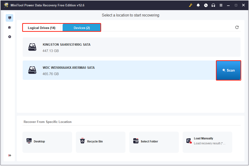 Analise o disco rígido em Dispositivos no MiniTool Power Data Recovery