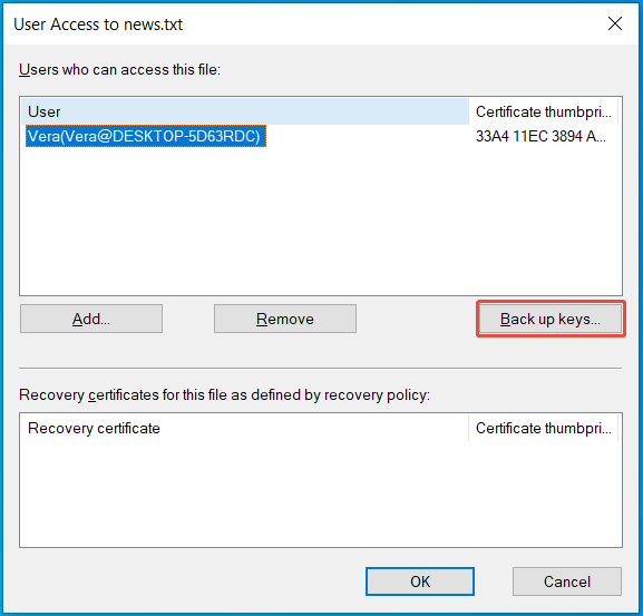 Faça backup da chave de encriptação