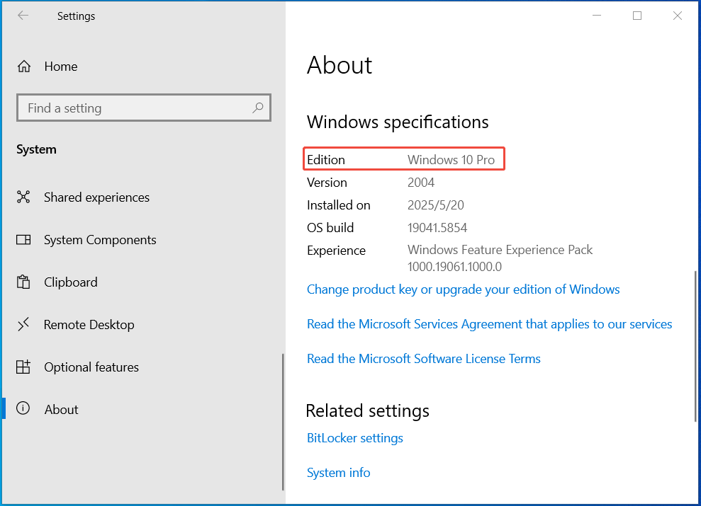 Aceda a "Sobre o Windows" nas Definições