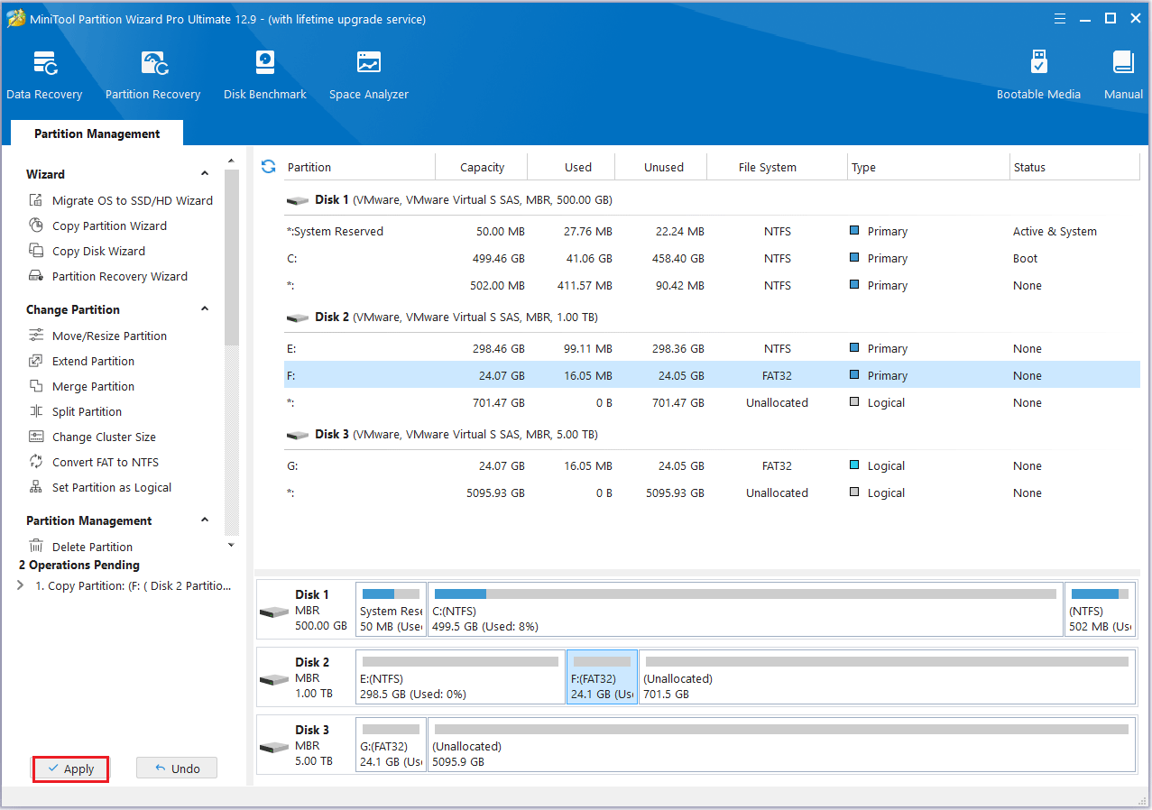 Haga clic en aplicar en MiniTool Partition Wizard