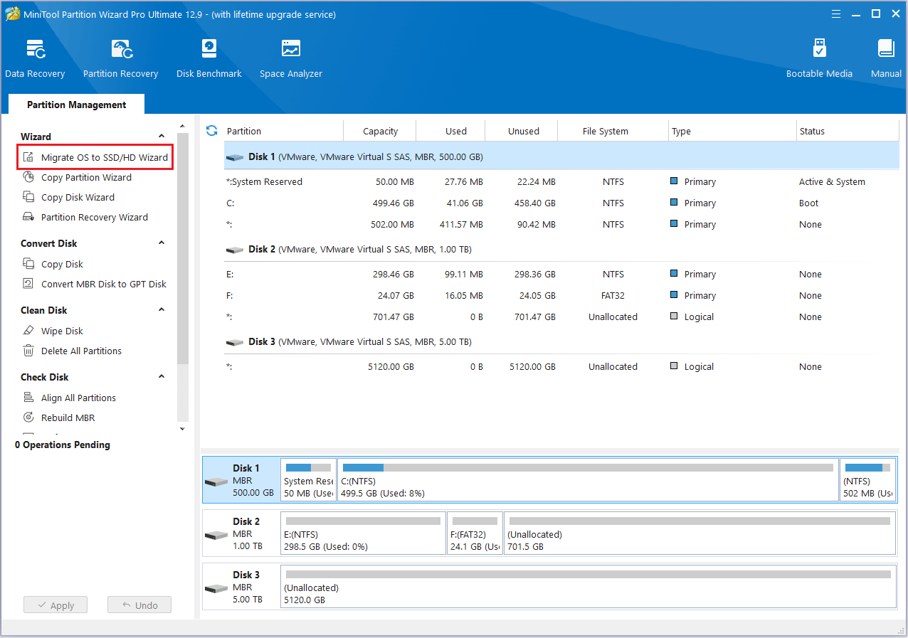 Haga clic en el Asistente para migrar el sistema operativo a SSD/HDD en MiniTool Partition Wizard