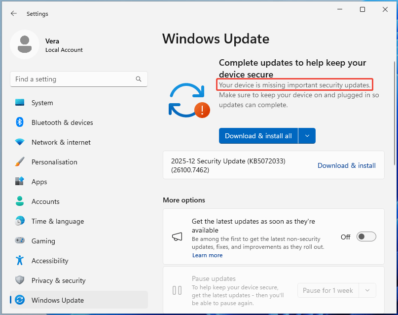 The Windows Update page showing your device is missing important security updates.