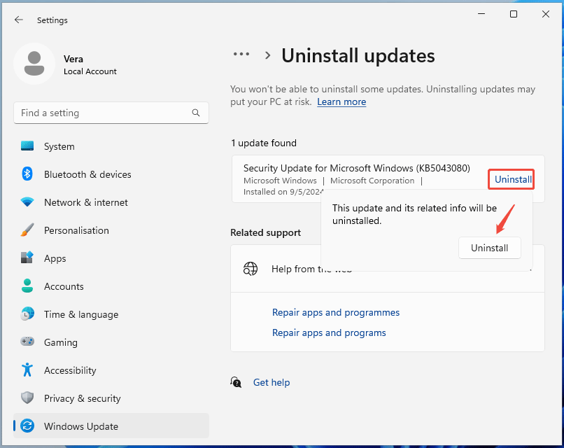 The Uninstall updates window in Windows Update with Uninstall selected to remove updates.