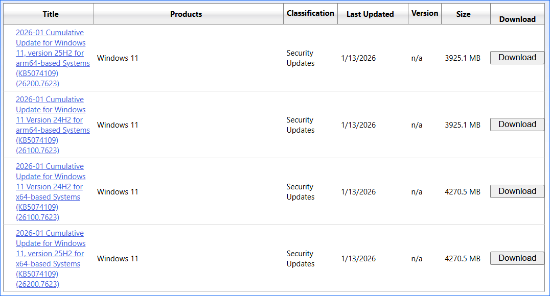 The Microsoft Update Catalog page showing all versions of KB5074109.