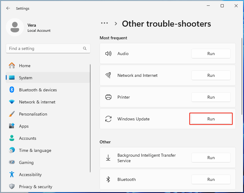 The Other-troubleshooter window under System in Settings with the selected Run button next to Windows Update.
