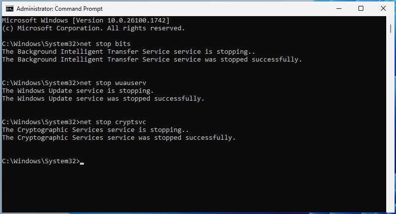 The elevated Command Prompt window showing 3 commands to stop related Windows update services.