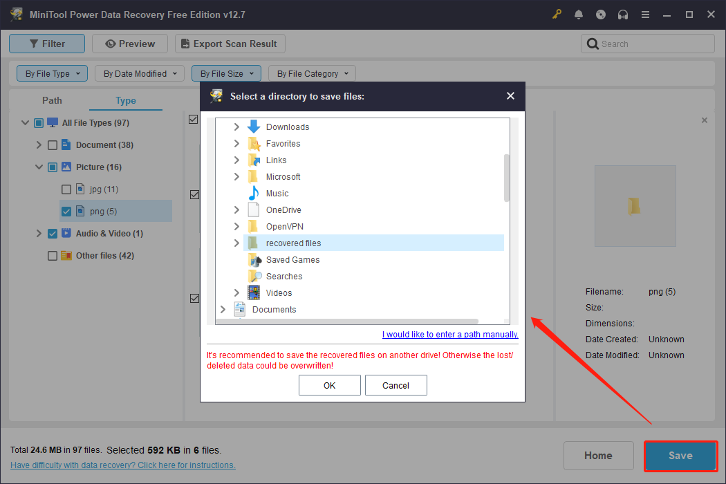 MiniTool Power Data Recovery interface with the Save button selected, showing a dialog box with file save paths listed.