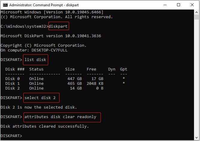 Command Prompt window with diskpart commands entered to clear the read only attribute on a disk.