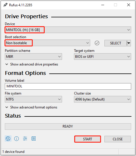 Rufus interface with the device and boot selection configured, with the START button highlighted.